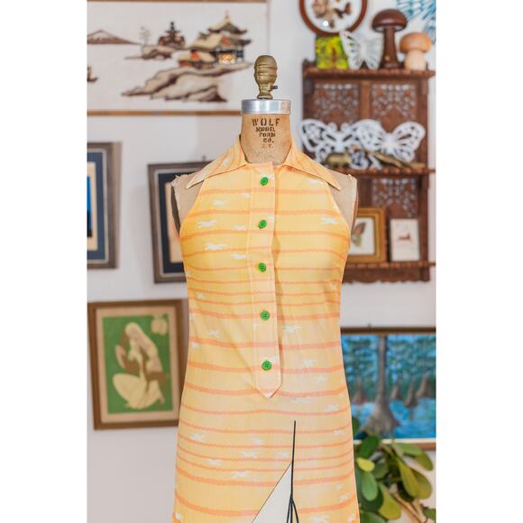Vintage 60s Sailor Novelty Dress, Yellow Striped Sundress Sailboat Seagulls XS - Picture 11 of 15
